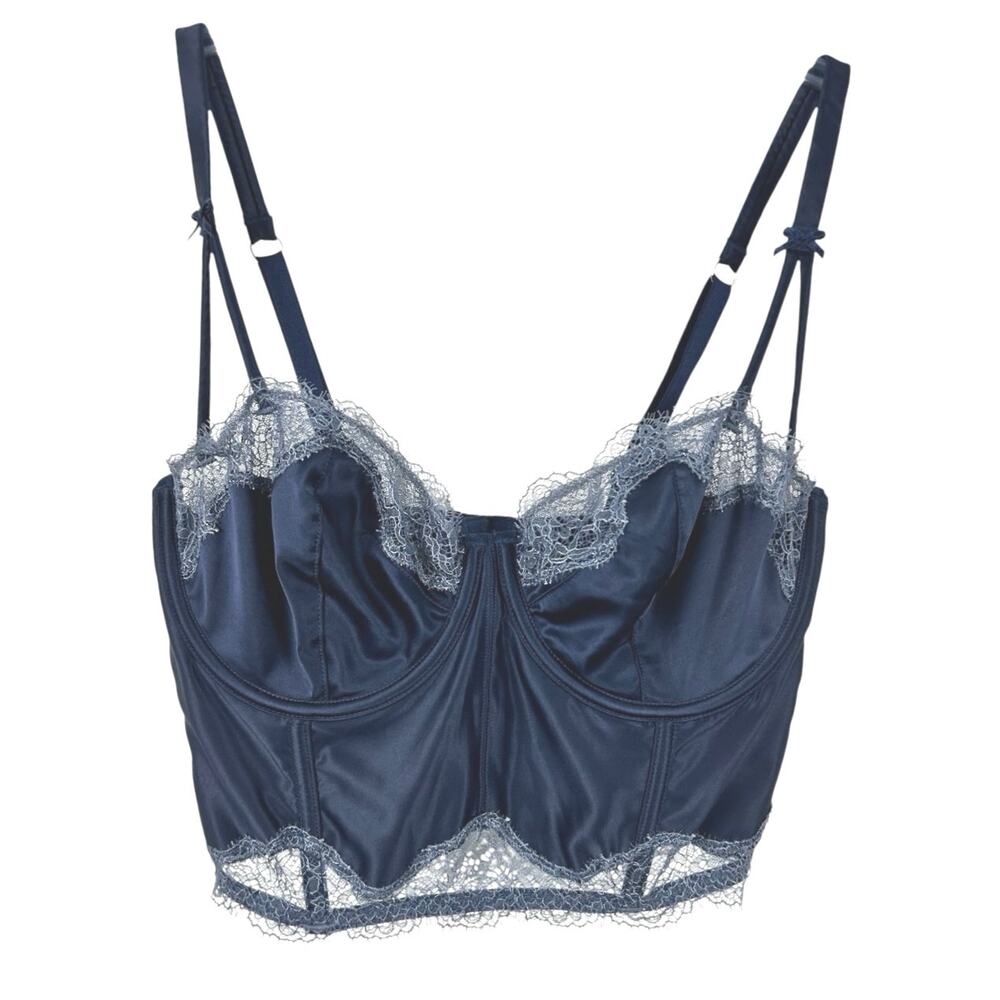 Victoria’s Secret Dream Angels Bra 34D Blue Satin Lace Balconette Longline